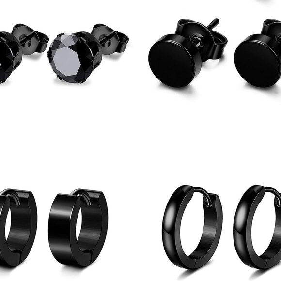 16-Pair Men Black Stainless Steel Earring Set with Dangle Hoops, Studs & Cross D - Picture 1 of 5